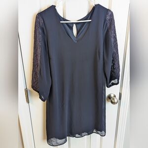 Chiffon navy lace 3/4 sleeve loose fit flowy social dress v neck emerald sundae